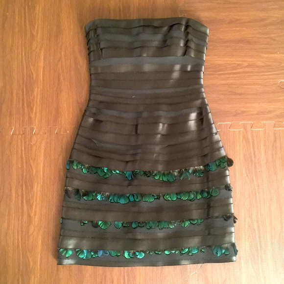 Satin Iridescent Feather Sheath Dress - Picture 1 of 9